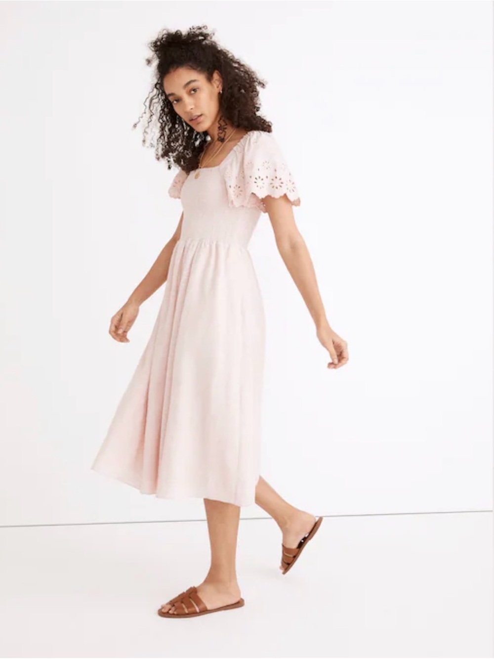 Madewell Pale Pink Eyelet-Sleeve Midi Dress